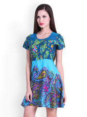 La Zoire Turquoise Blue Printed Fit &amp; Flare Dress