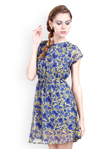 La Zoire Yellow &amp; Blue Floral Print Fit &amp; Flare Dress