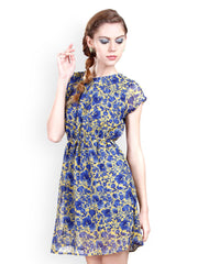 La Zoire Yellow &amp; Blue Floral Print Fit &amp; Flare Dress