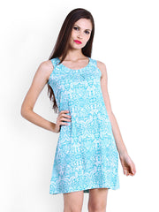 La Zoire Turquoise Blue &amp; White Printed A-Line Dress