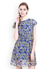 La Zoire Yellow &amp; Blue Floral Print Fit &amp; Flare Dress