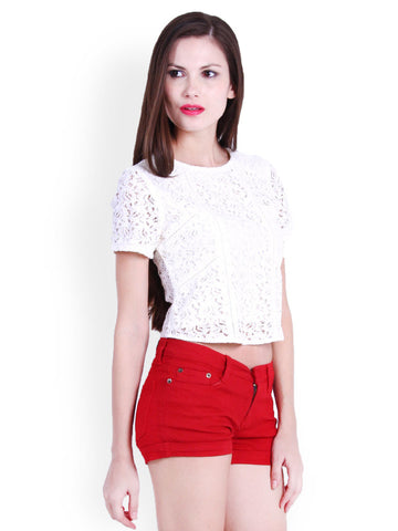 La Zoire Women Cream-Coloured Lace Crop Top
