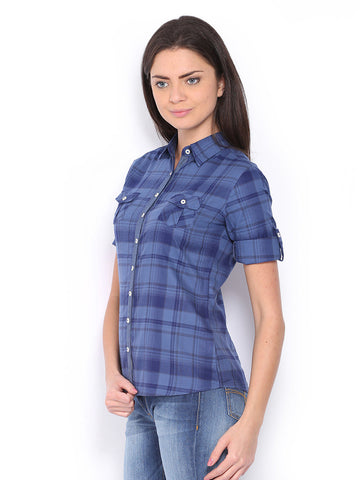 Lee Cooper Women Blue Checked Casual Shirt