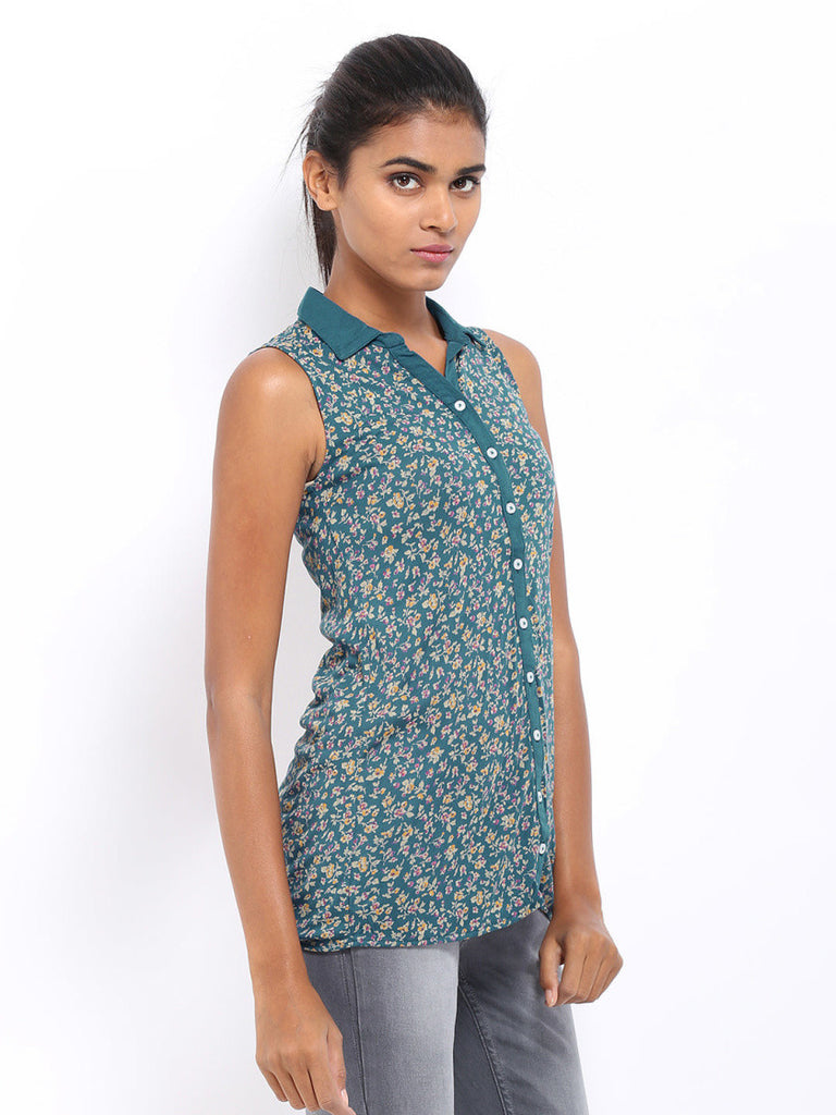 Lee Cooper Women Teal Blue Floral Print Top