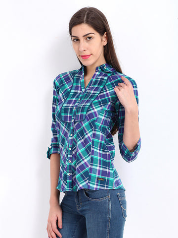 Lee Cooper Women Blue &amp; Green Checked Casual Shirt