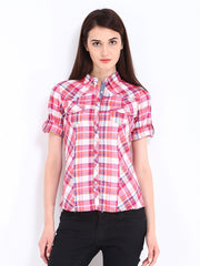 Lee Cooper Women White &amp; Pink Checked Shirt
