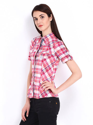 Lee Cooper Women White &amp; Pink Checked Shirt