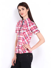 Lee Cooper Women White &amp; Pink Checked Shirt