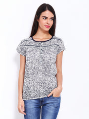 Lee Cooper Women White &amp; Navy Printed Top