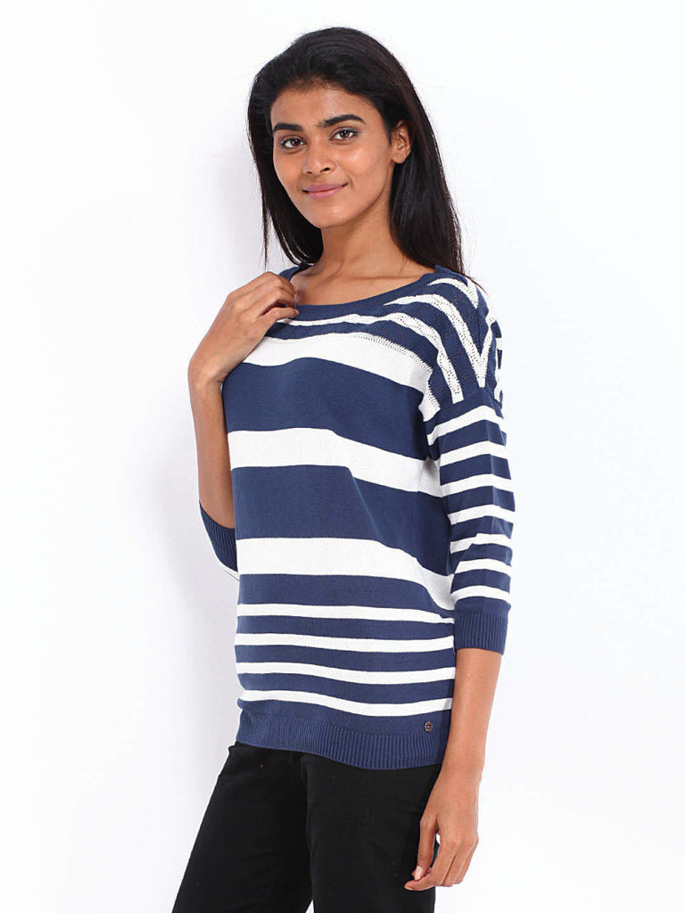 Levis Women Navy Blue White Striped Top teststore