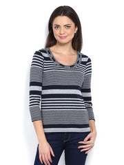 Maine by Debenhams Women Grey Melange &amp; Navy Striped Top