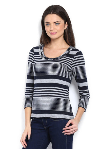 Maine by Debenhams Women Grey Melange &amp; Navy Striped Top