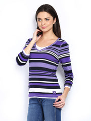 Maine by Debenhams Women Purple &amp; Black Striped Top