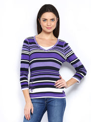 Maine by Debenhams Women Purple &amp; Black Striped Top