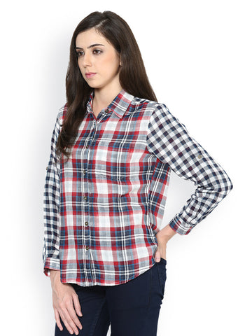 Martini Women Navy &amp; Red Checked Casual Shirt