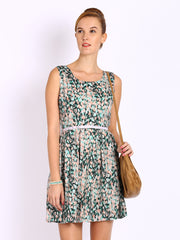 Mast &amp; Harbour Green &amp; Cream Coloured Printed Fit &amp; Flare Dress