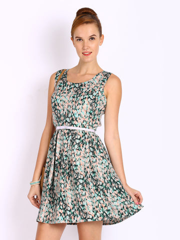 Mast &amp; Harbour Green &amp; Cream Coloured Printed Fit &amp; Flare Dress