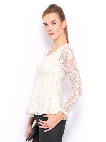 Mast &amp; Harbour Women Off-White Lauren Lace Peplum Top