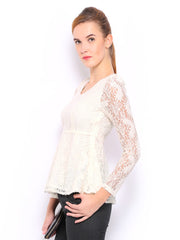 Mast &amp; Harbour Women Off-White Lauren Lace Peplum Top