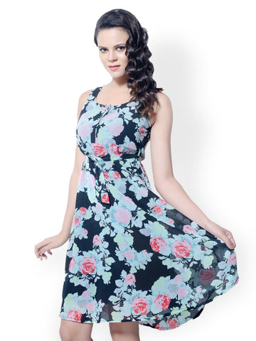Meira Black Floral Printed Fit &amp; Flare Dress