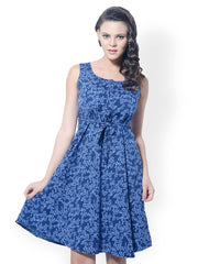 Meira Blue Floral Printed Fit &amp; Flare Dress