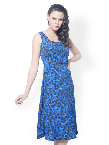 Meira Blue Printed Fit &amp; Flare Dress