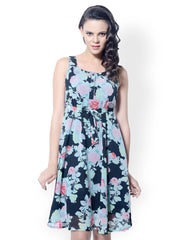 Meira Black Floral Printed Fit &amp; Flare Dress