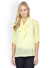 Meira Women Yellow and White Striped Sheer Top