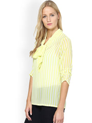 Meira Women Yellow and White Striped Sheer Top