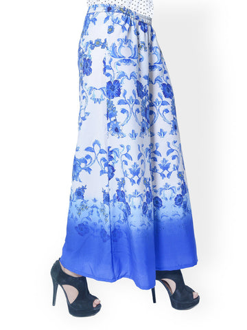 Meira Women Blue &amp; White Floral Print Palazzo Trousers
