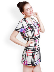 Meiro Off-White Checked Shift Dress