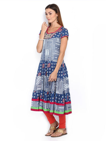 Melange by Lifestyle Women Blue &amp; Off-White Printed Anarkali Kurta