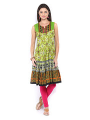 Melange by Lifestyle Women Green &amp; White Printed Anarkali Kurta