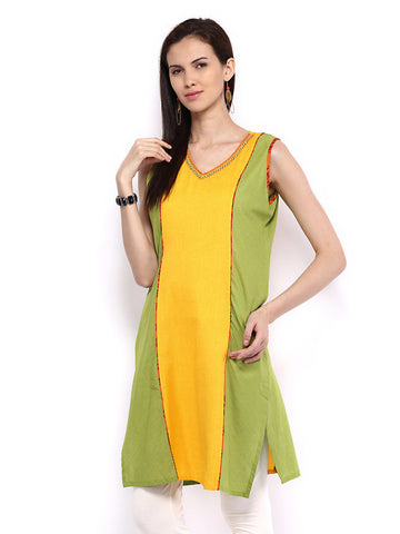 Melange by Lifestyle Women Mustard Yellow &amp; Green Striped Kurta
