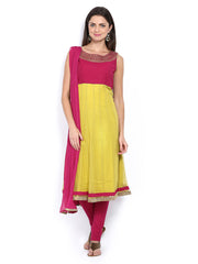 Melange by Lifestyle Women Lime Green &amp; Magenta Anarkali Churidar Kurta with Dupatta