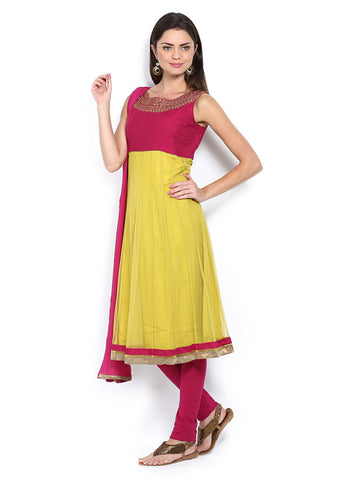 Melange by Lifestyle Women Lime Green &amp; Magenta Anarkali Churidar Kurta with Dupatta