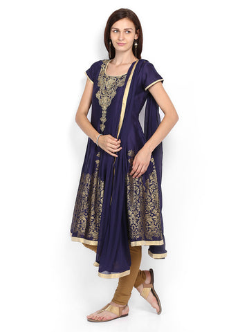 Melange by Lifestyle Women Navy &amp; Gold-Toned Printed Anarkali Churidar Kurta with Dupatta