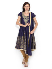 Melange by Lifestyle Women Navy &amp; Gold-Toned Printed Anarkali Churidar Kurta with Dupatta