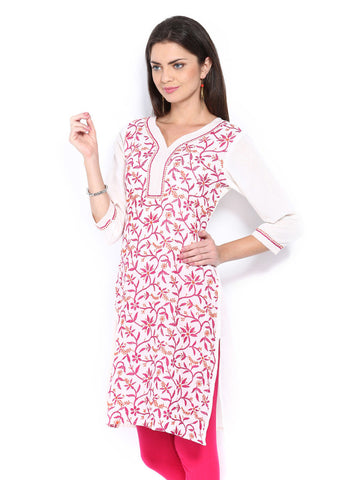 Melange by Lifestyle Women Off-White &amp; Pink Embroidered Kurta