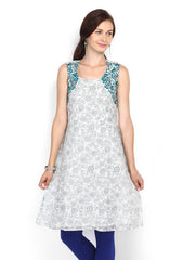 Melange by Lifestyle Women Off-White &amp; Teal Green Printed Kurta