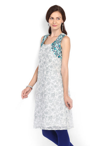 Melange by Lifestyle Women Off-White &amp; Teal Green Printed Kurta