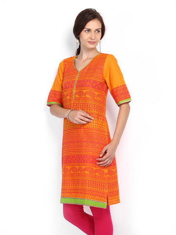 Melange by Lifestyle Women Orange &amp; Pink Printed Kurta