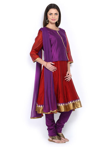 Melange by Lifestyle Women Red &amp; Purple Anarkali Churidar Kurta with Dupatta