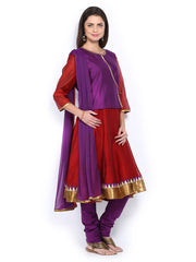 Melange by Lifestyle Women Red &amp; Purple Anarkali Churidar Kurta with Dupatta