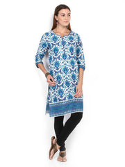 Melange by Lifestyle Women White &amp; Blue Printed Kurta