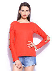 Miss Chase Women Coral Red Ladder Sleeve Top