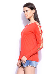 Miss Chase Women Coral Red Ladder Sleeve Top