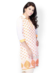 Miss and Mrs Women White &amp; Orange Printed Kurta