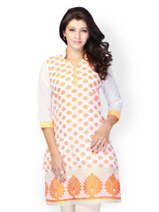 Miss and Mrs Women White &amp; Orange Printed Kurta