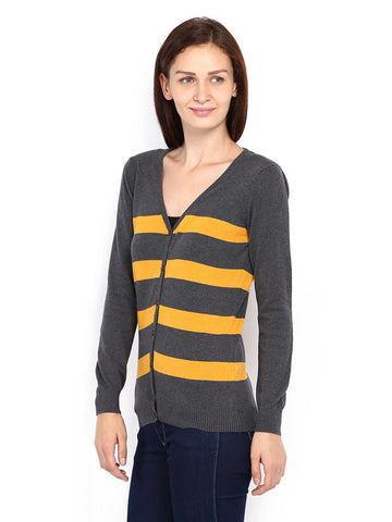 Allen Solly Woman Grey &amp; Yellow Striped Cardigan